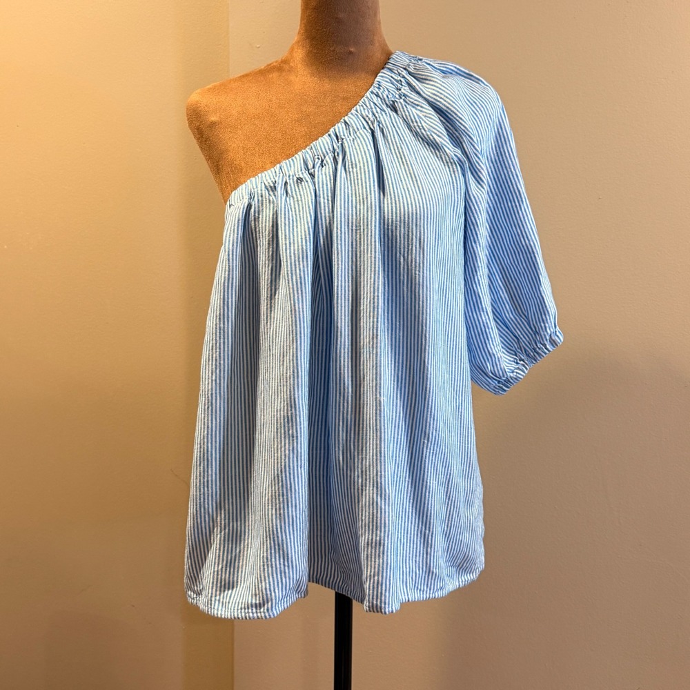 LOFT NWT One Shoulder Top Womens MP Blue Striped Linen Blend Resortwear Preppy